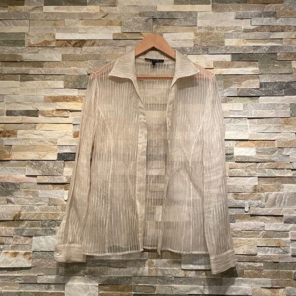 Lafayette 148 NY Silk Linen Sheer Blouse 10 | Neutral Stripe Button Shirt $400 - Picture 2 of 5